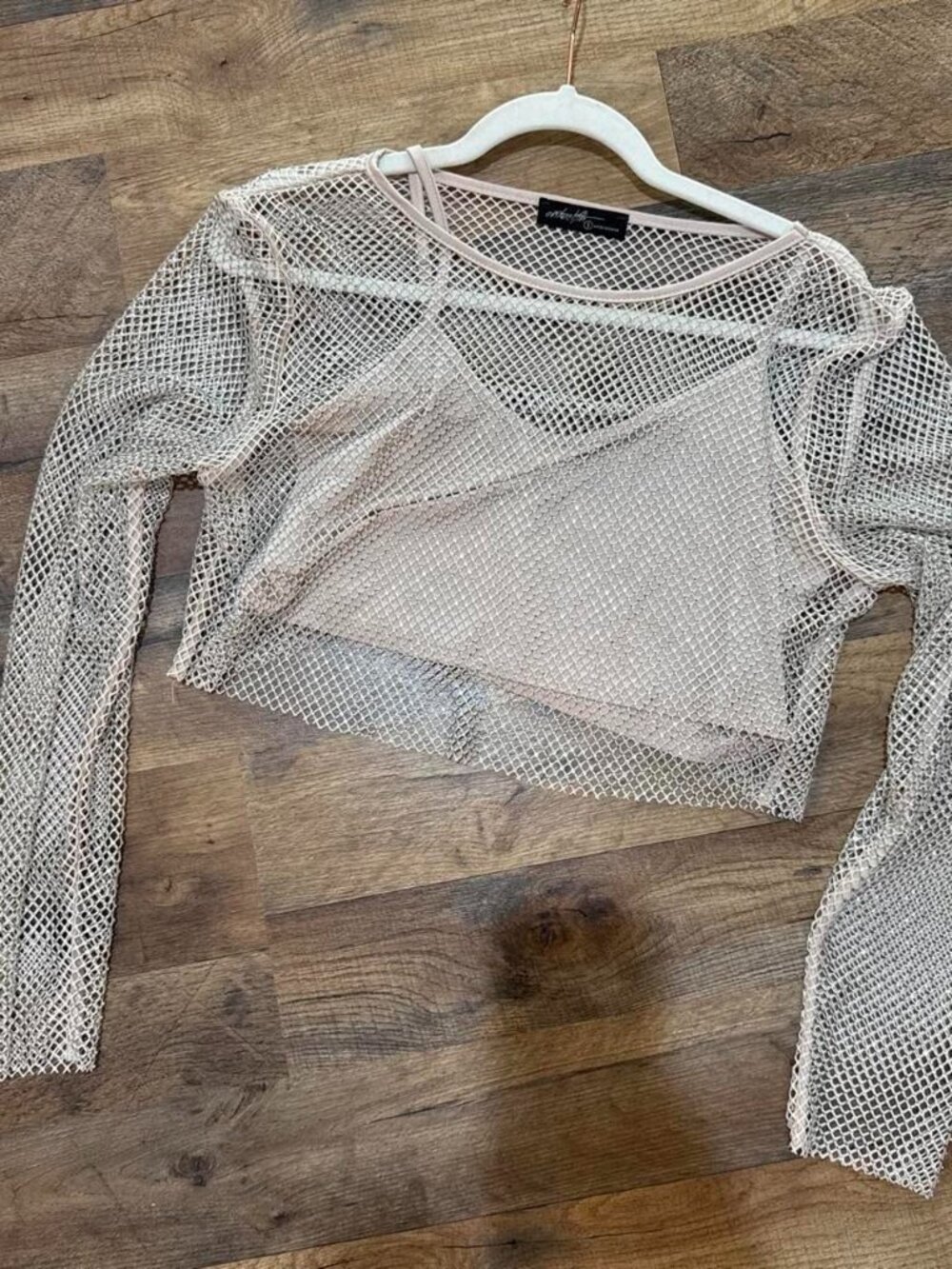 White beaded mesh long-sleeve top